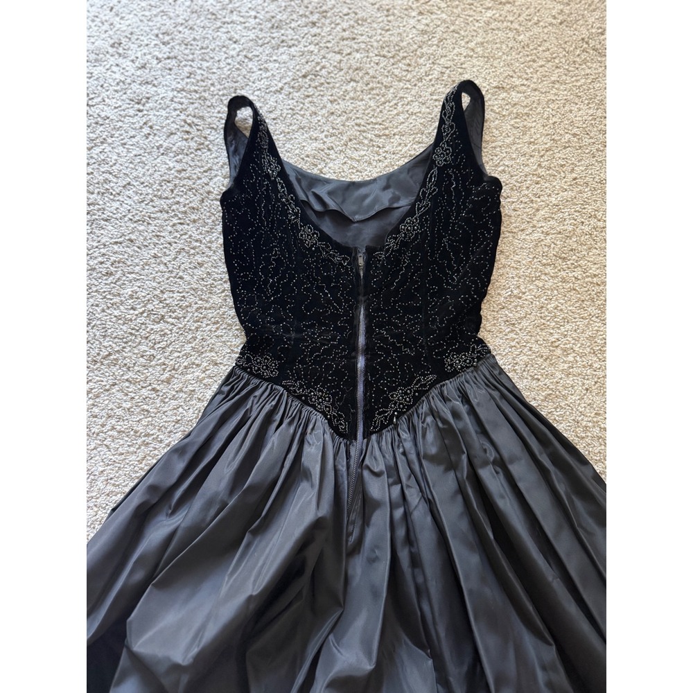 Gothic glam Black Velvet taffeta Midi Dress Whimsigoth Beaded Basque waist XS/S - Picture 5 of 10